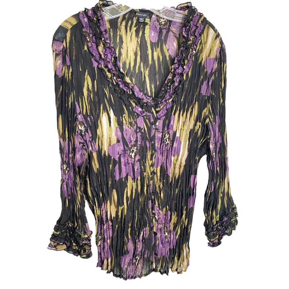 Mandee Women’s Crinkle Black Purple Floral V-Neck Ruffle Blouse Size M Romantic